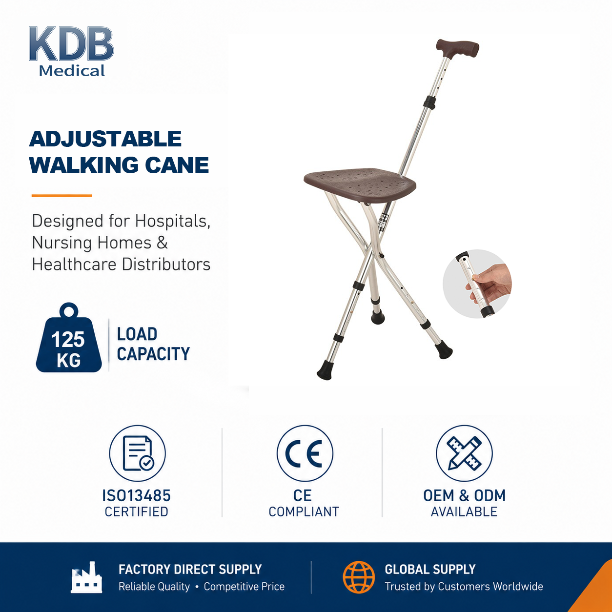 KDB Series Aluminum Folding Walking Cane with Seat | OEM Factory