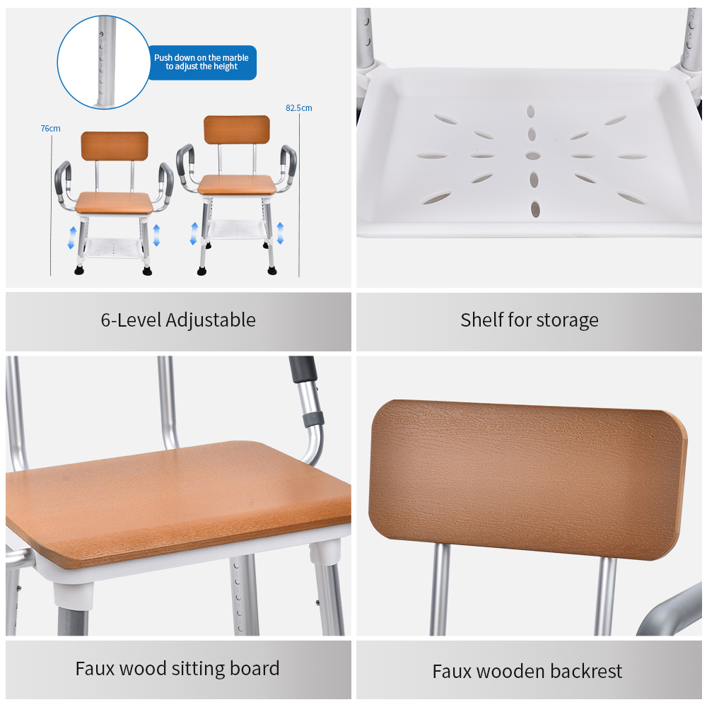 KDB796D-A02 Wood-Pattern Shower Chair with Armrests & Shelf | OEM Factory - Image 4