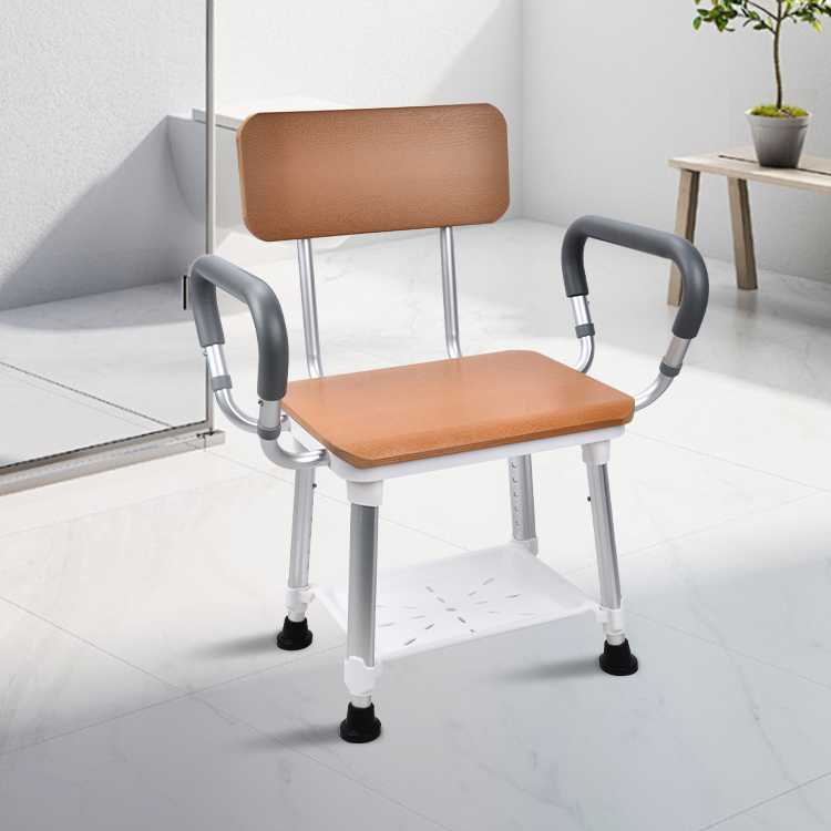 KDB796D-A02 Wood-Pattern Shower Chair with Armrests & Shelf | OEM Factory - Image 2