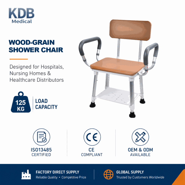 KDB796D-A02 Wood-Pattern Shower Chair with Armrests & Shelf | OEM Factory
