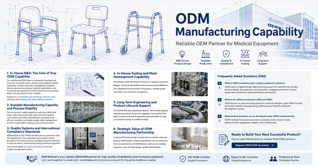 ODM medical equipment manufacturing capabilities at KDB Medical factory showing commode chair, shower chair and mobility aids concept design line drawings